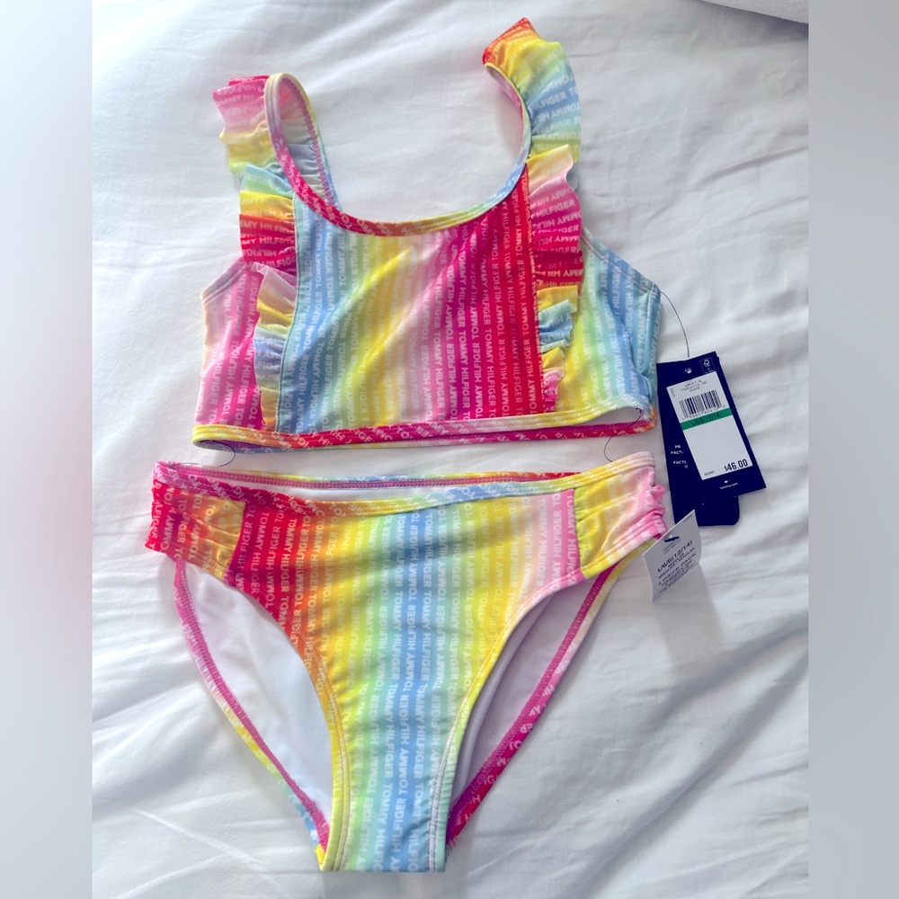 Tommy Hilfiger Girls Two Piece Ruffle Swimsuit Bikini Large 12/14 Rainbow Logo